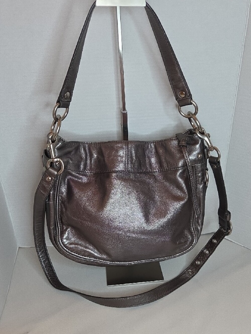 Coach Metallic Pewter Leather Shoulder Bag - Picture 6 of 11
